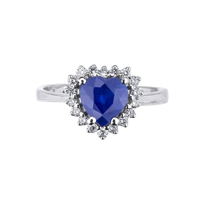 Bague en or blanc 18k avec pavée de diamants et saphir bleu à coeur