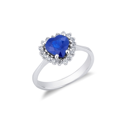 Bague en or blanc 18k avec pavée de diamants et saphir bleu à coeur