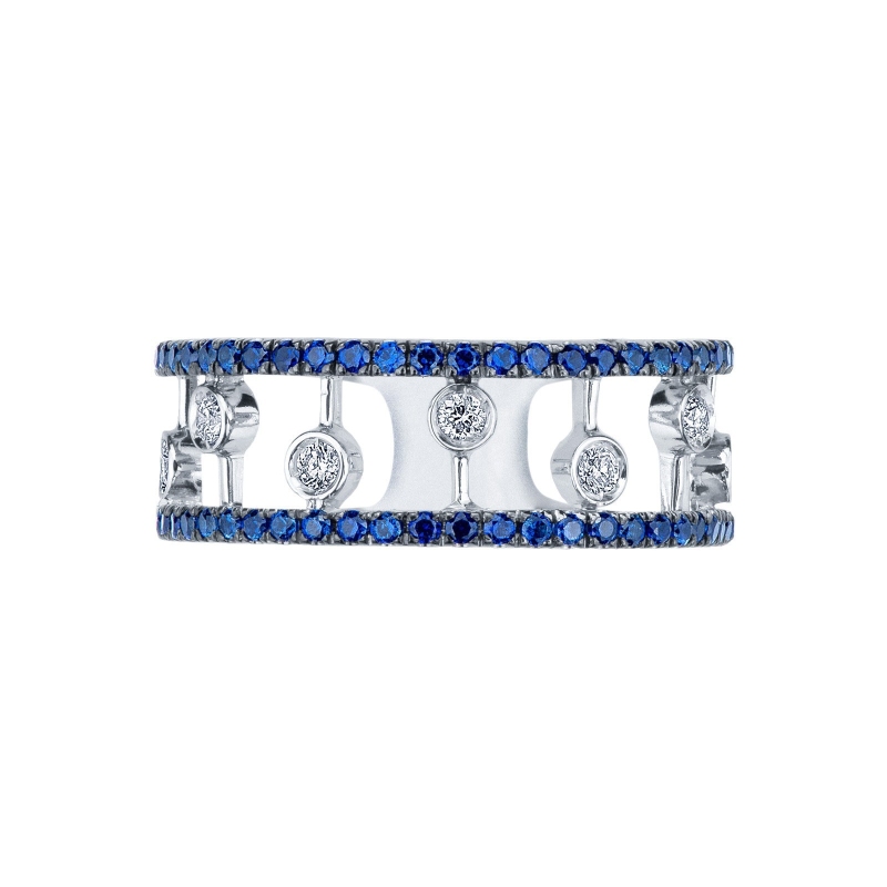 Bague bandeau en or blanc 18k avec diamants et saphirs Bague bandeau en or blanc 18k avec diamants et saphirs