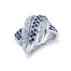 Bague en or blanc 18k ondulée avec saphirs bleus et diamants