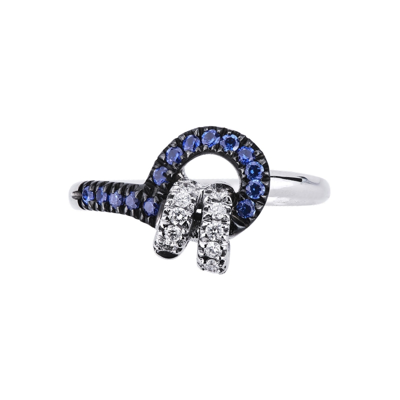 Bague Nœud en Or Blanc 18k avec Diamants et Saphirs Bleus