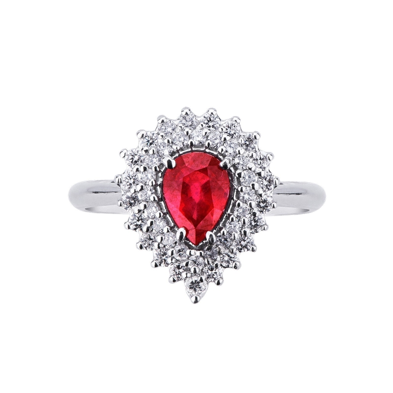 Bague en or blanc 18k avec rubis goutte et double rangée de diamants