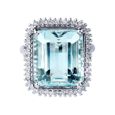 Bague en or blanc 18k avec aiguemarine octogonale et diamants