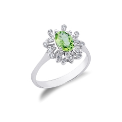 Bague halo en or blanc 18k avec péridot et diamants