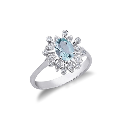 Bague halo diamants en or blanc 18k avec aigue-marine