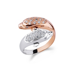 Anneau dauphins toi et moi en or blanc et or rose 18k et diamants