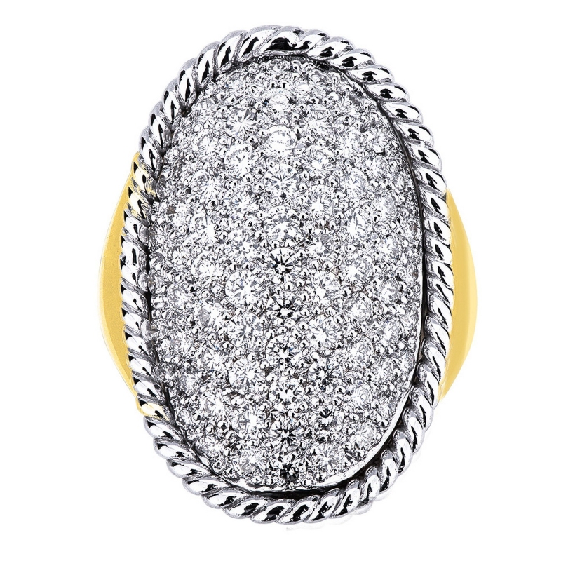 Bague ovale en or blanc et jaune 18k avec pavé diamants