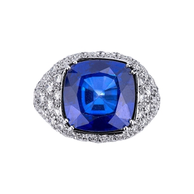 Bague saphir bleu et diamants en or blanc 18k