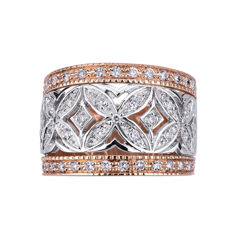 Bague en or blanc et rose 18k avec diamants formant des ellipses