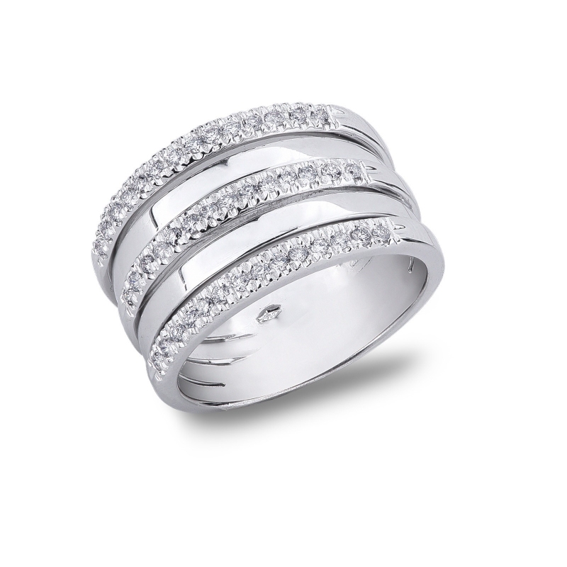 Bague bande en or blanc 18k avec trois rangées de diamants 