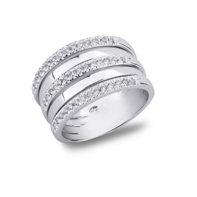 Bague bande en or blanc 18k avec trois rangées de diamants 