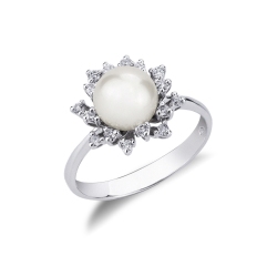 Bague contrariè en or blanc 18 carats avec perle entourée de diamants