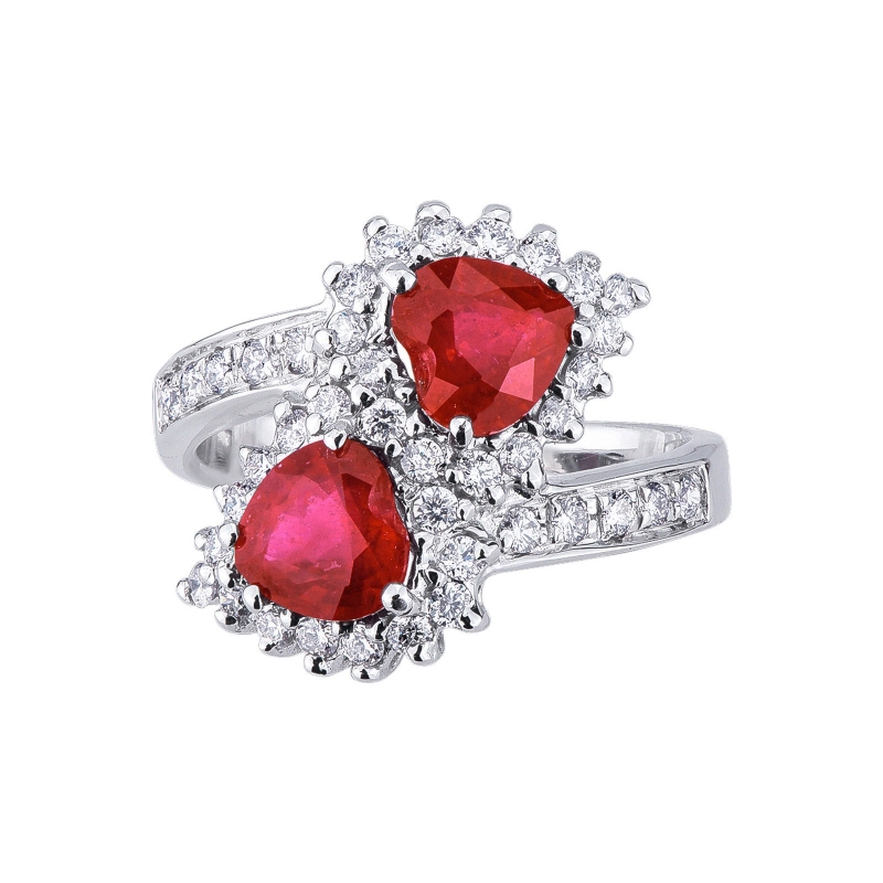 Bague contrarié en or blanc avec rubis cœur et diamants
