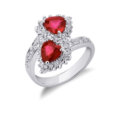 Bague contrarié en or blanc avec rubis cœur et diamants