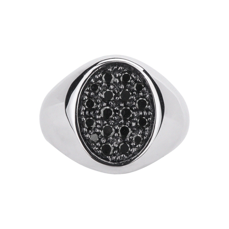 Chevaliere or blanc 18k oval diamants noirs  Chevaliere or blanc 18k oval diamants noirs