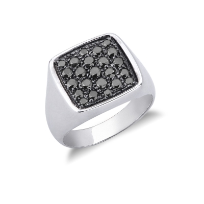 Chevaliere or blanc 18k carrée diamants noirs 