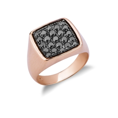 Bague homme pavé en or rose 18 carats rectangulaire en diamants noirs 