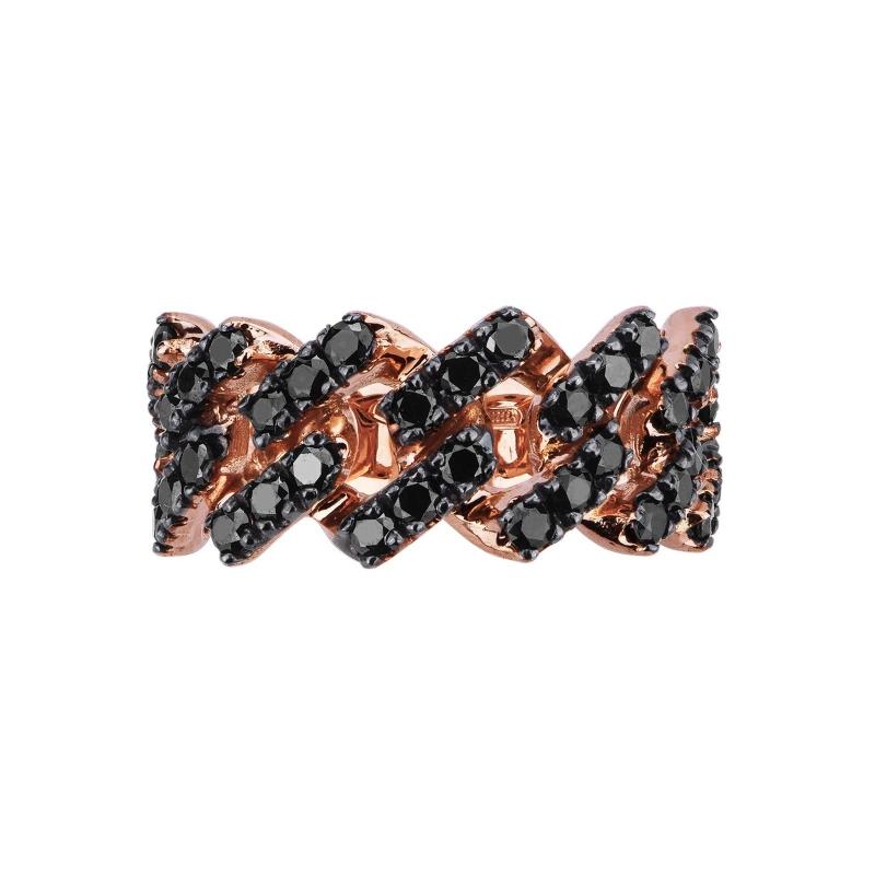 Bague femme Cuban Link en or rose 18k avec diamants noirs