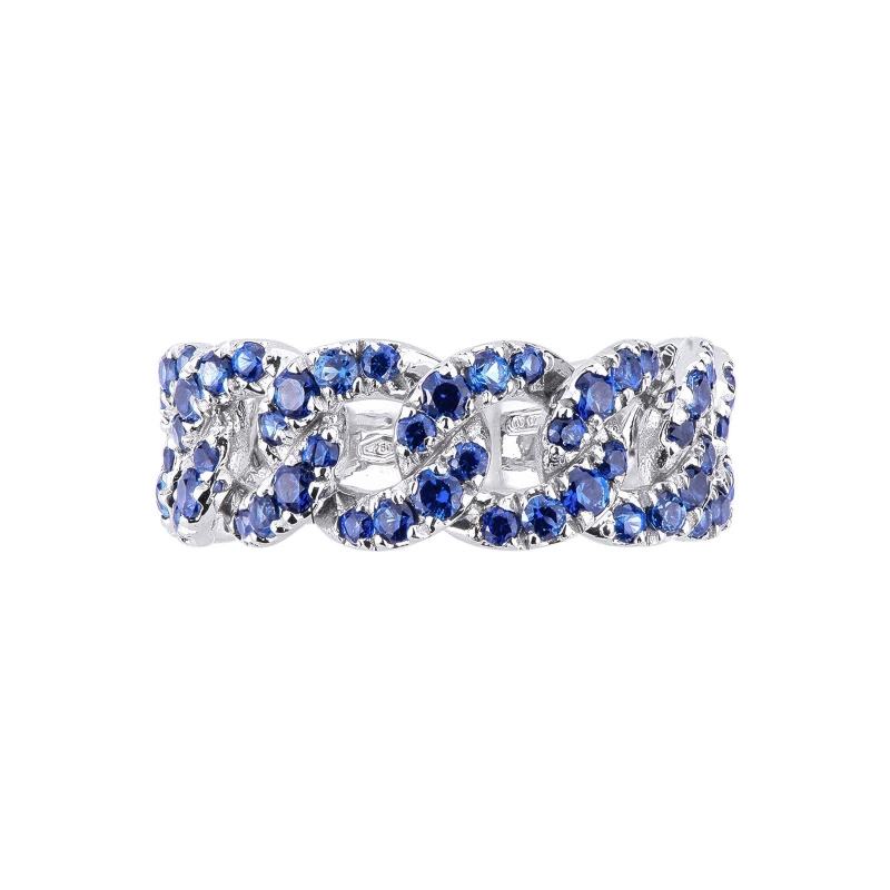 Bague maille gourmette en or blanc 18k avec des saphirs bleus Bague maille gourmette en or blanc 18k avec des saphirs bleus