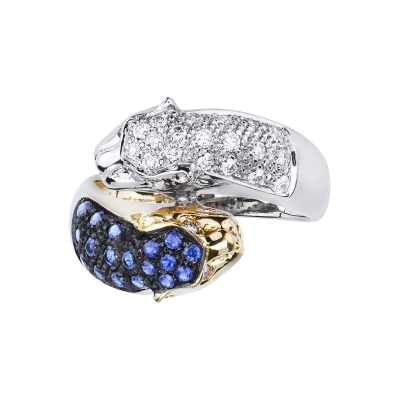 Bague en or blanc et jaune 18k panthère en saphirs bleus et diamants