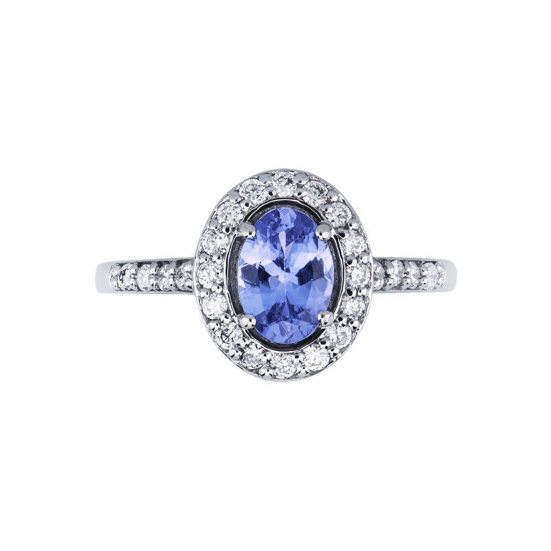 Bague halo en or blanc 18 carats avec une tanzanite  Bague halo en or blanc 18 carats avec une tanzanite