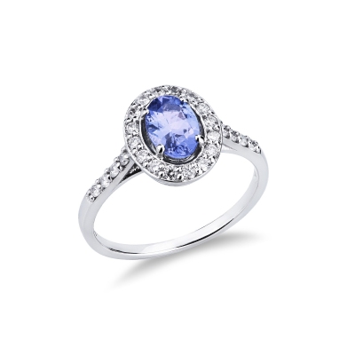 Bague halo en or blanc 18 carats avec une tanzanite 