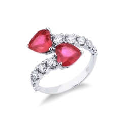 Bague Toi et Moi en or blanc 18k et 2 rubis en forme de cœur