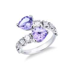 Bague Toi et Moi en or blanc 18k avec diamants et 2 améthystes en forme de cœur