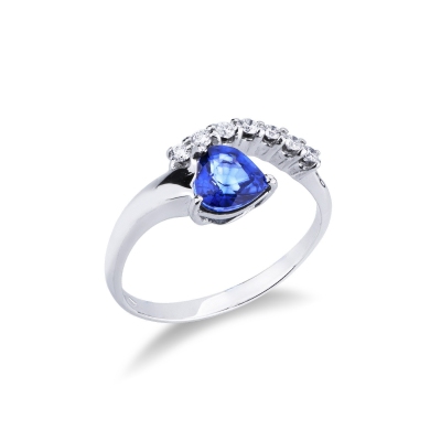 Bague design or blanc 18k avec un saphir bleu à cœur et  rangée de diamants