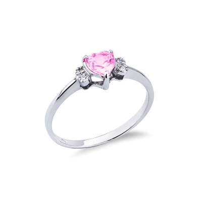 Bague en or blanc 18k avec saphir rose en forme de cœur et diamants.