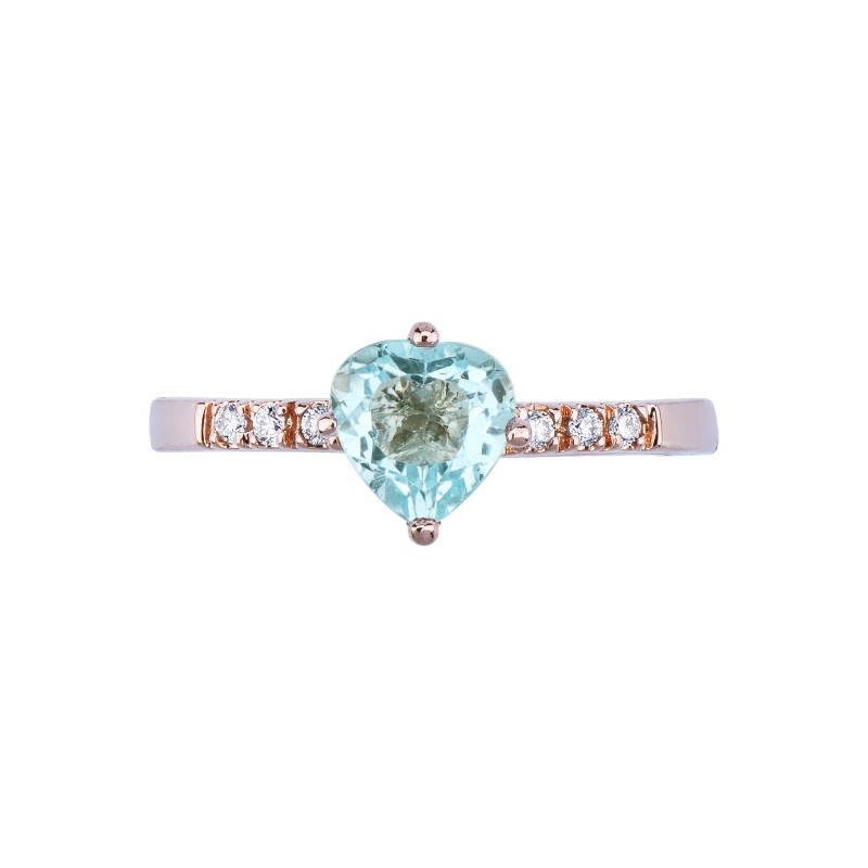 Bague en or rose 18k avec aigue marine cœur et diamants