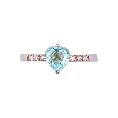 Bague en or rose 18k avec aigue marine cœur et diamants