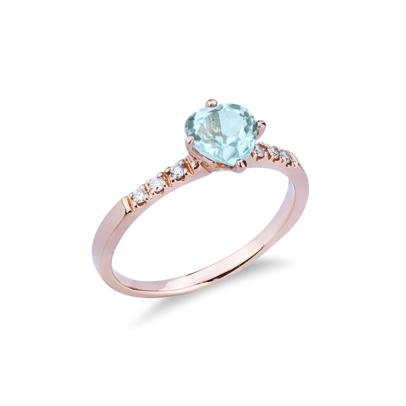 Bague en or rose 18k avec aigue marine cœur et diamants