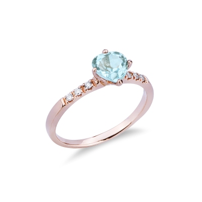 Bague en or rose 18k avec aigue marine cœur et diamants