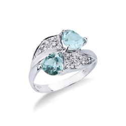 Bague contrarié en or blanc avec diamants et aigue-marines cœur