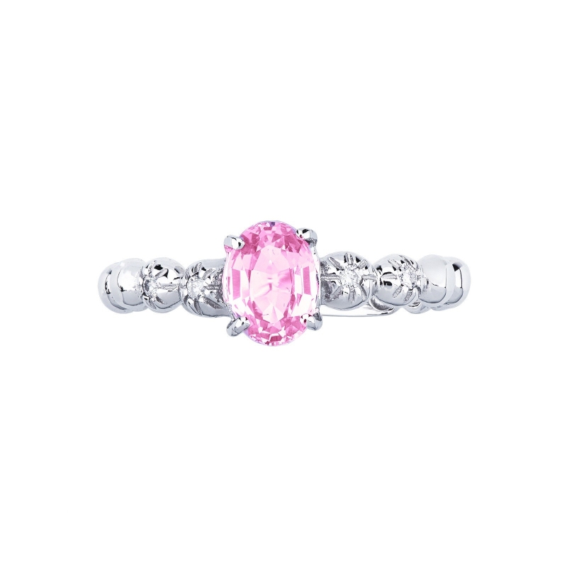 Bague en or blanc 18 carats avec un saphir rose et 2 diamants 