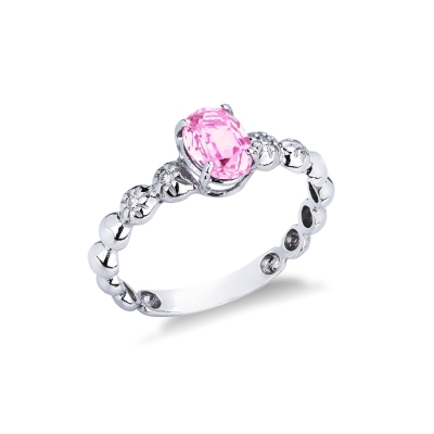 Bague en or blanc 18 carats avec un saphir rose et 2 diamants 
