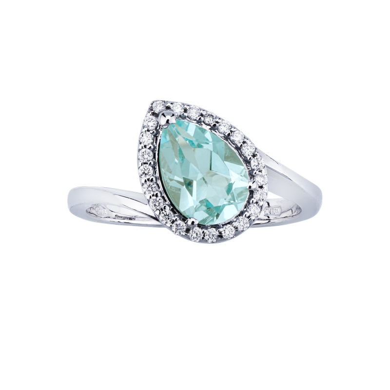 Bague halo en or blanc 18 carats aigue-marine et diamants Bague halo en or blanc 18 carats aigue-marine et diamants