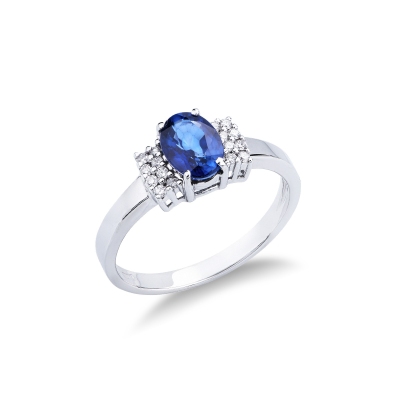 Bague en or blanc 18k avec un saphir bleu taille ovale