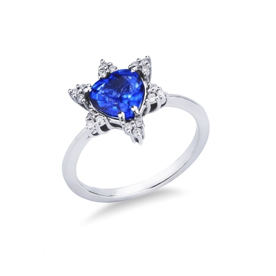 Bague en or blanc 18k avec saphir bleu coeur et petales en diamants