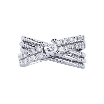 Bague bande croisée Or Blanc 18k avec diamant central 0,25 ct