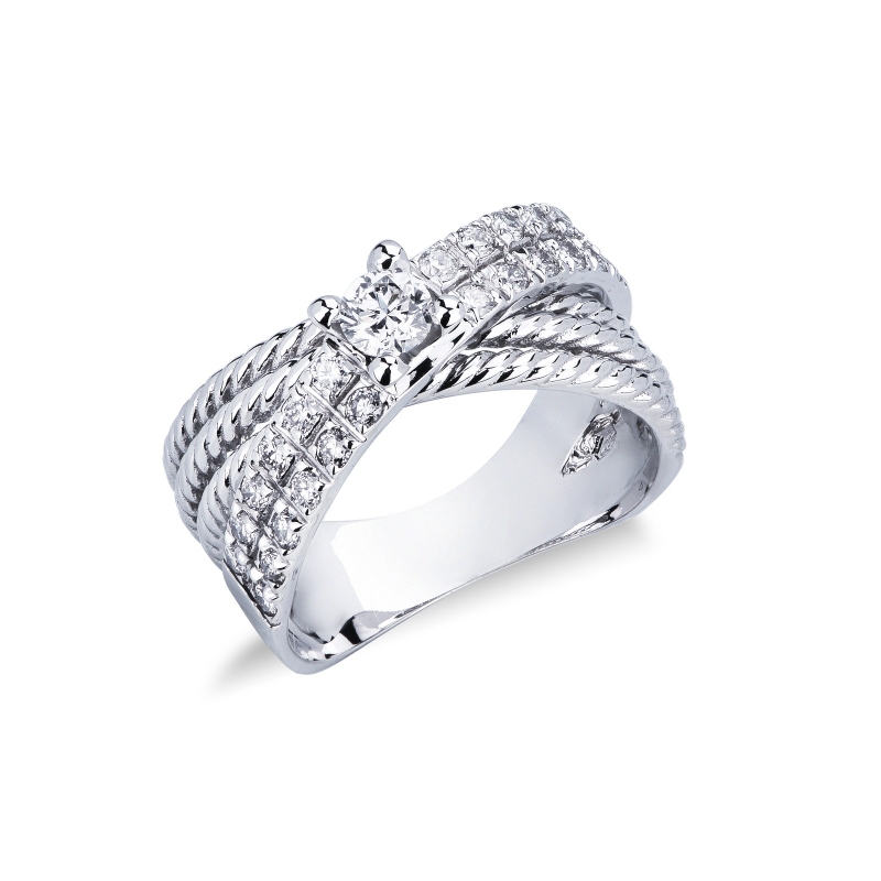 Bague bande croisée Or Blanc 18k avec diamant central 0,25 ct
