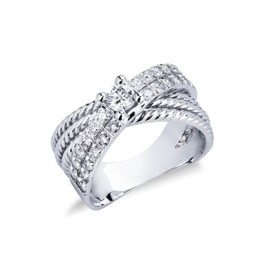 Bague bande croisée Or Blanc 18k avec diamant central 0,25 ct