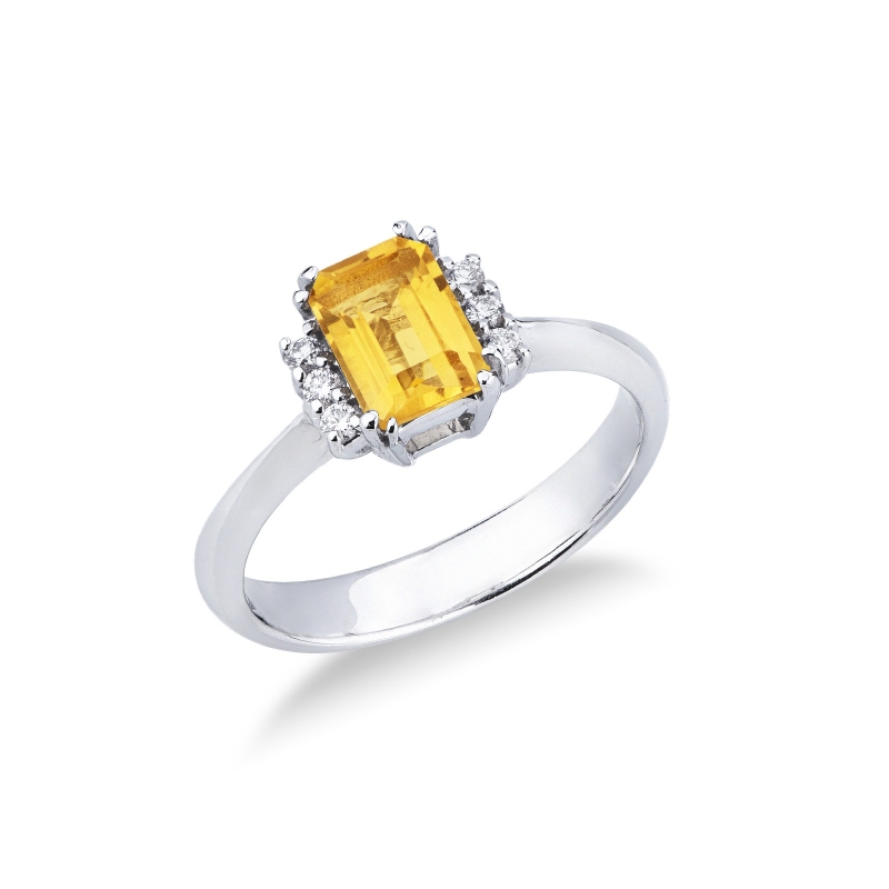 Bague Or Blanc 18k avec citrine ovale et diamants