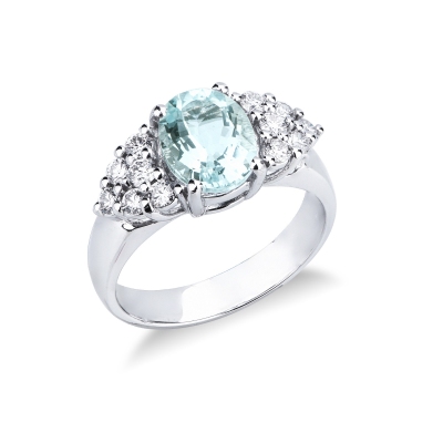 Bague en or blanc 18kt aigue-marine ovale et diamants 