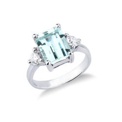 Bague en or blanc 18k avec aigue-marine rectangulaire et diamants
