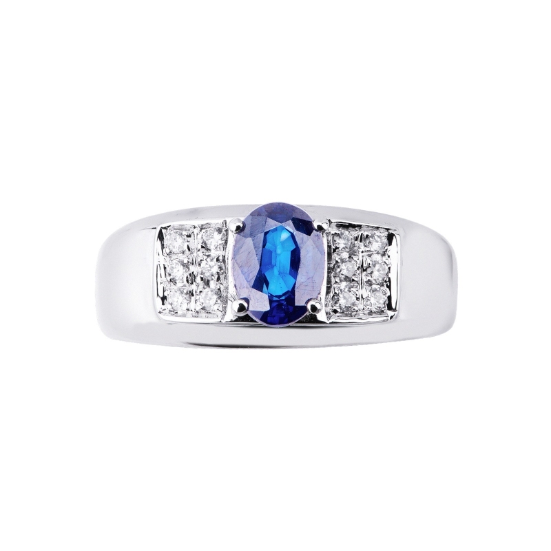 Bague en or blanc 750 avec saphir bleu ovale et diamants Bague en or blanc 750 avec saphir bleu ovale et diamants