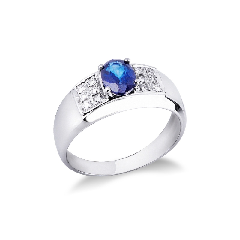 Bague en or blanc 750 avec saphir bleu ovale et diamants Bague en or blanc 750 avec saphir bleu ovale et diamants