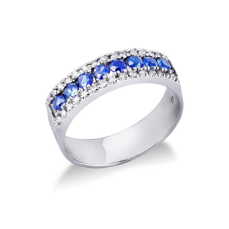 Bague bande centrale avec diamants et saphirs en Or 18k