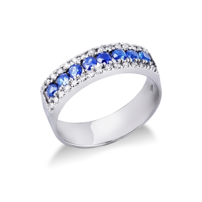 Bague bande centrale avec diamants et saphirs en Or 18k